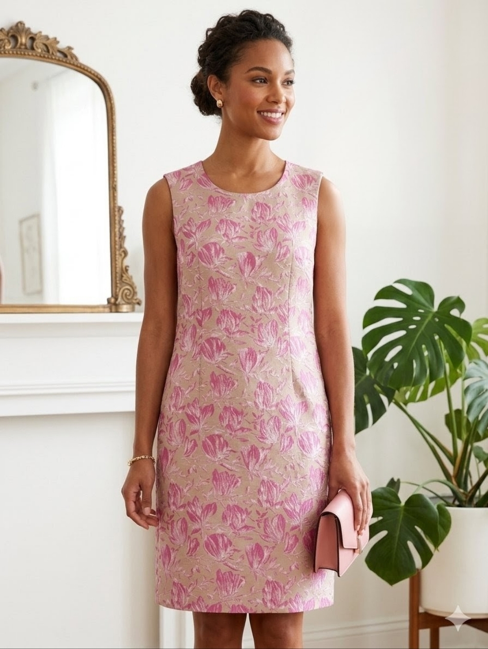 Sleeveless Pink Floral Jacquard Sheath Dress